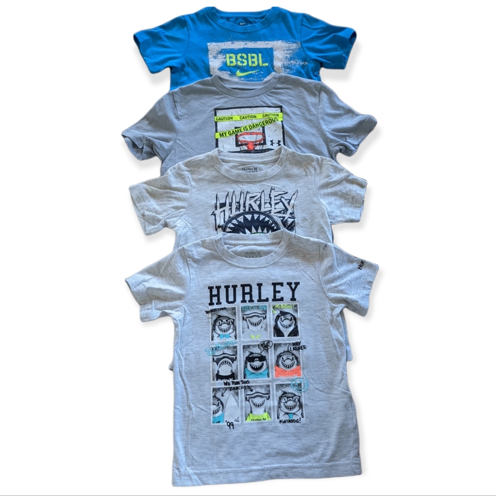 Lot of 4 Boys Short Sleeve Shirts Size 7 Nike, Under Armour, Hurley